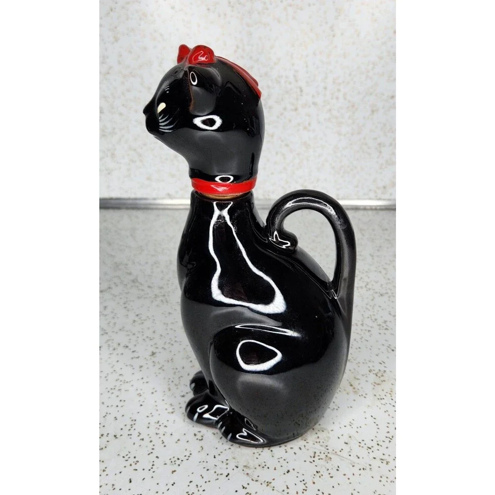 Shafford Japan Redware Black Cat Red Bow Sake Cruet Bottle Vintage HTF Rare